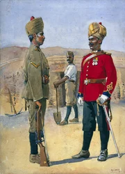 Soldaten der 3. Sappers und Miners Lance, Naik, Brahman von Oudh. Jemadah, Dekhani Mahratti, Illustration für 